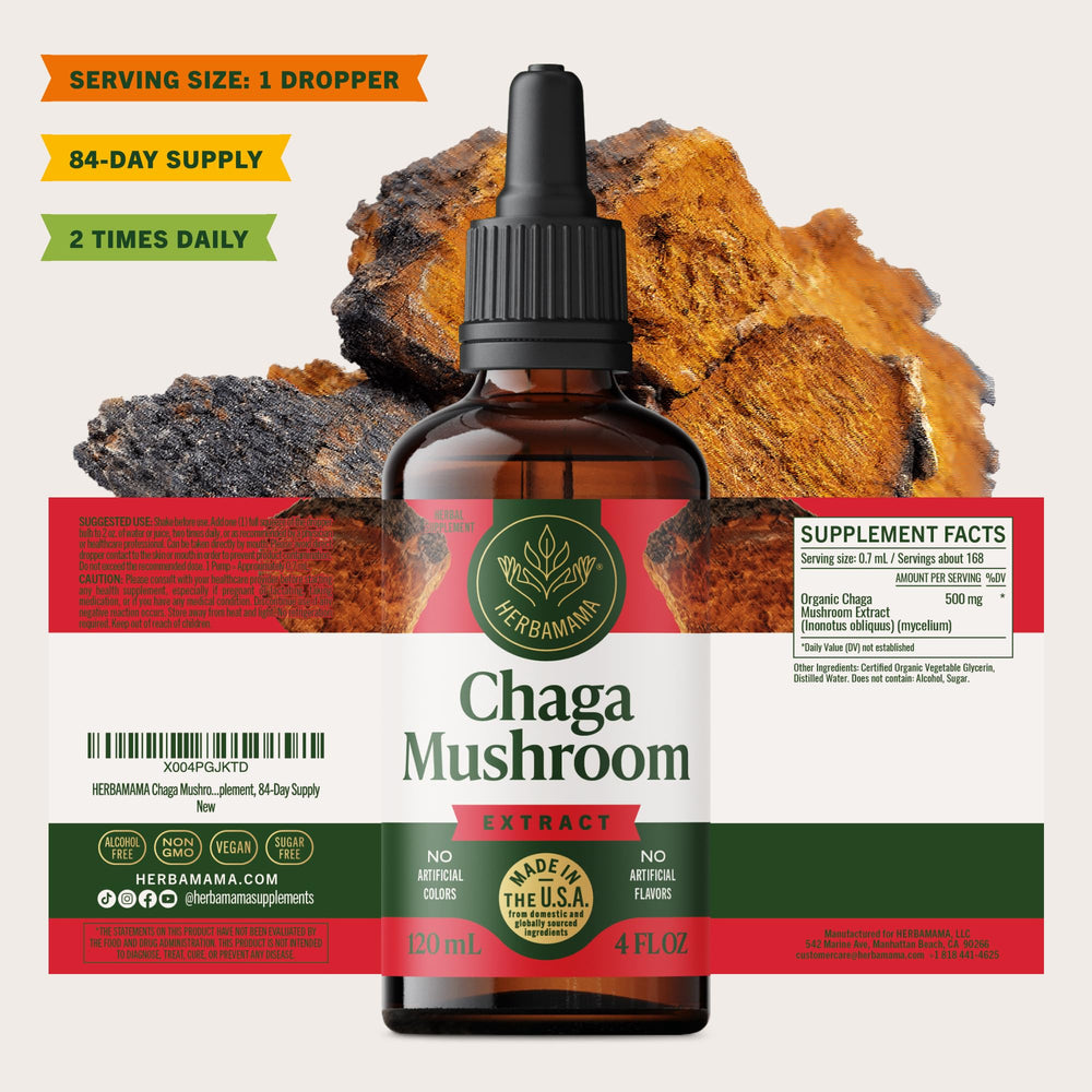 HERBAMAMA Chaga Tincture ready-to-use bottle shown with 84-day supply