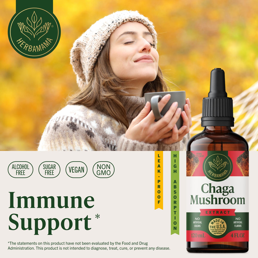 HERBAMAMA Chaga Tincture dropper demonstrates fast-absorption liquid drops