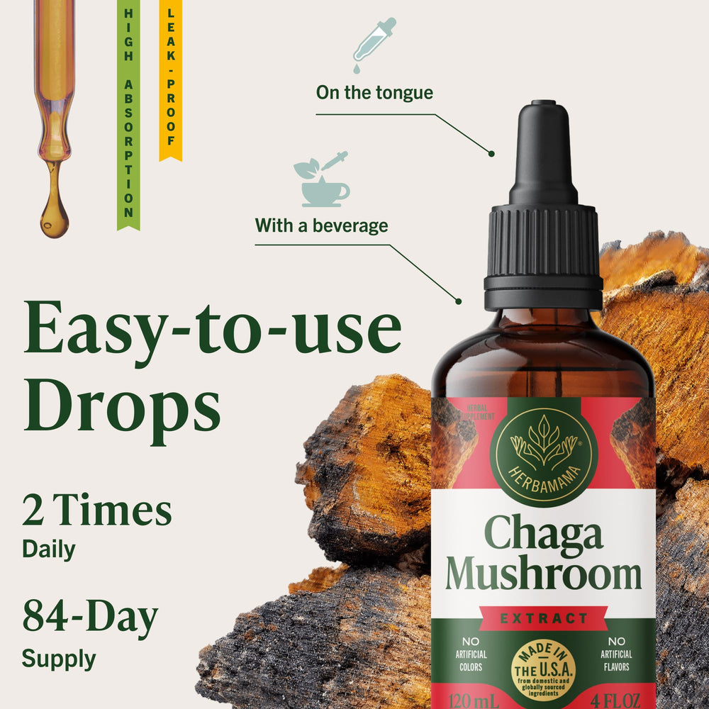 HERBAMAMA Chaga Tincture label close-up highlights vegan, non-GMO branding