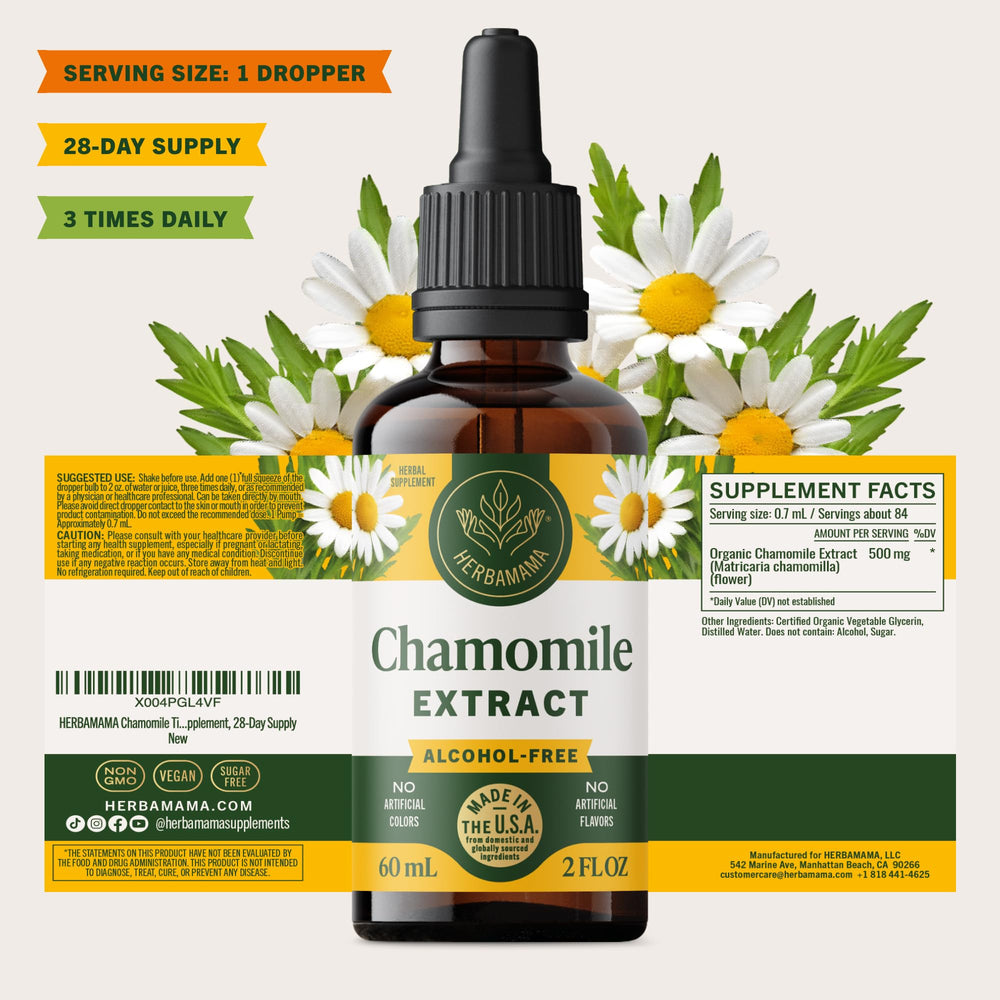 HERBAMAMA Chamomile tincture 28-day supply label indicating long-term use.