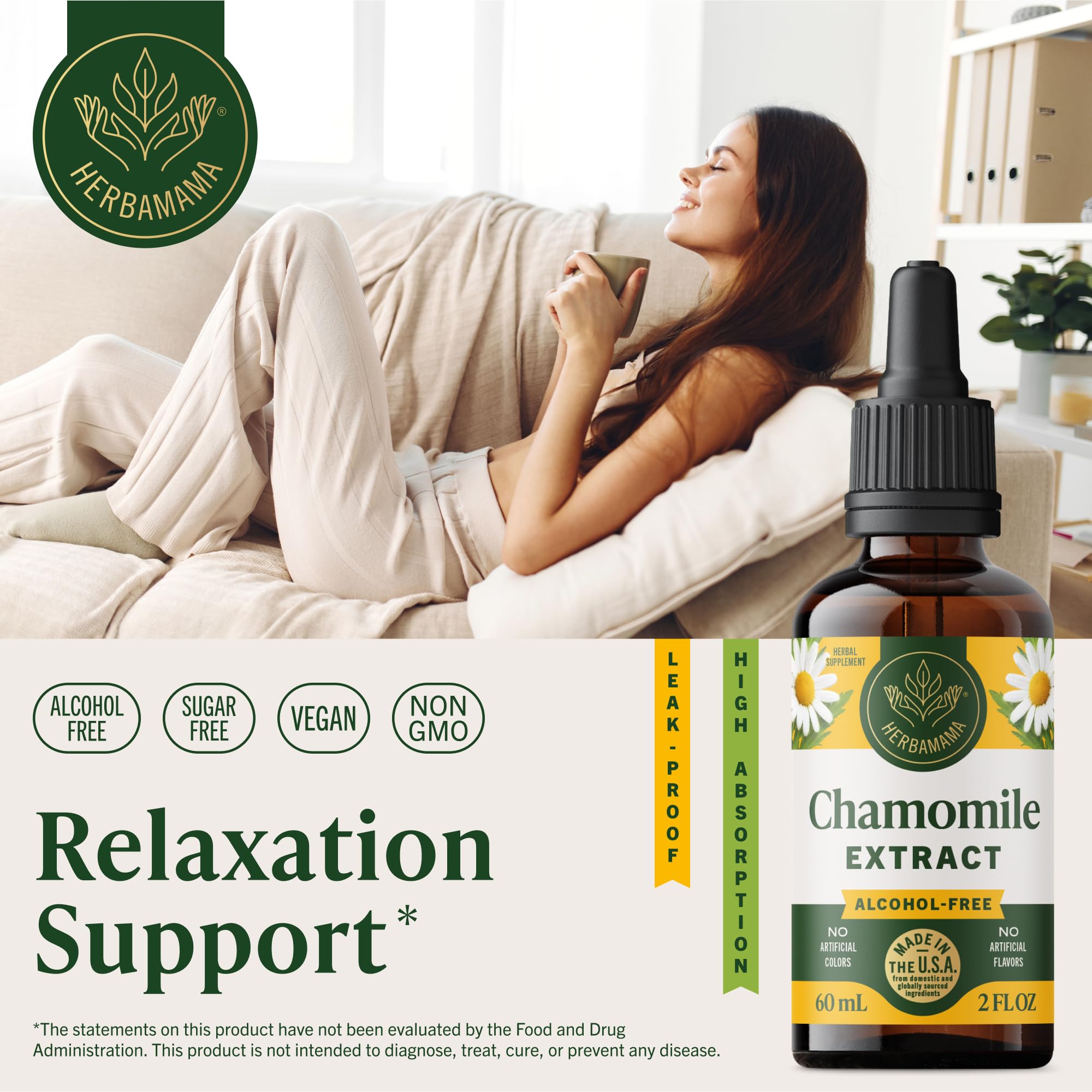 HERBAMAMA Chamomile tincture amber bottle close-up emphasizing natural calm support.