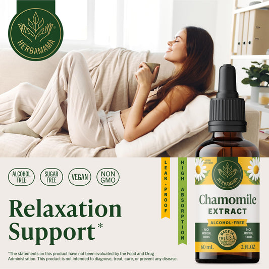 HERBAMAMA Chamomile tincture amber bottle close-up emphasizing natural calm support.