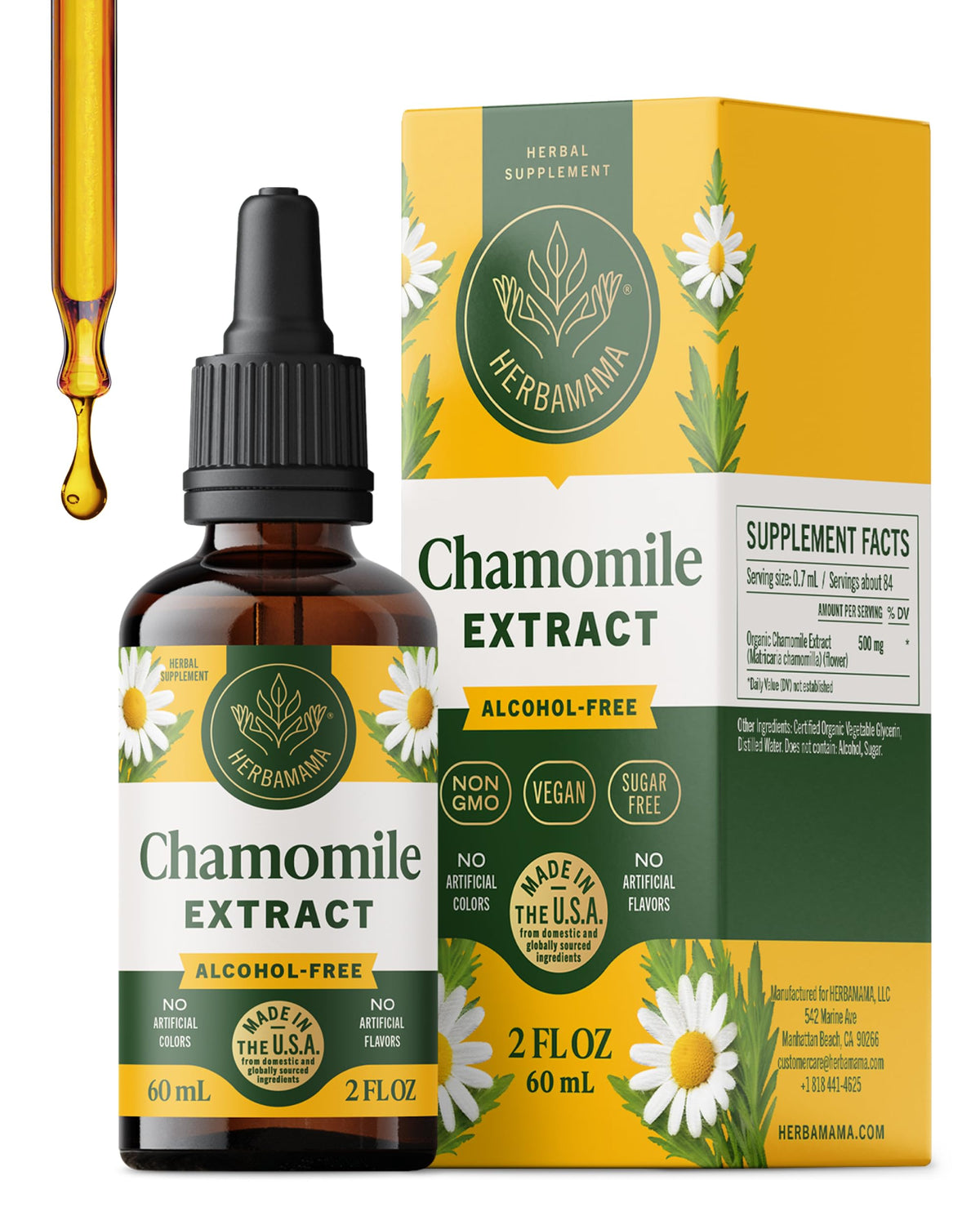 HERBAMAMA Chamomile tincture bottle with dropper for quick calming moments.