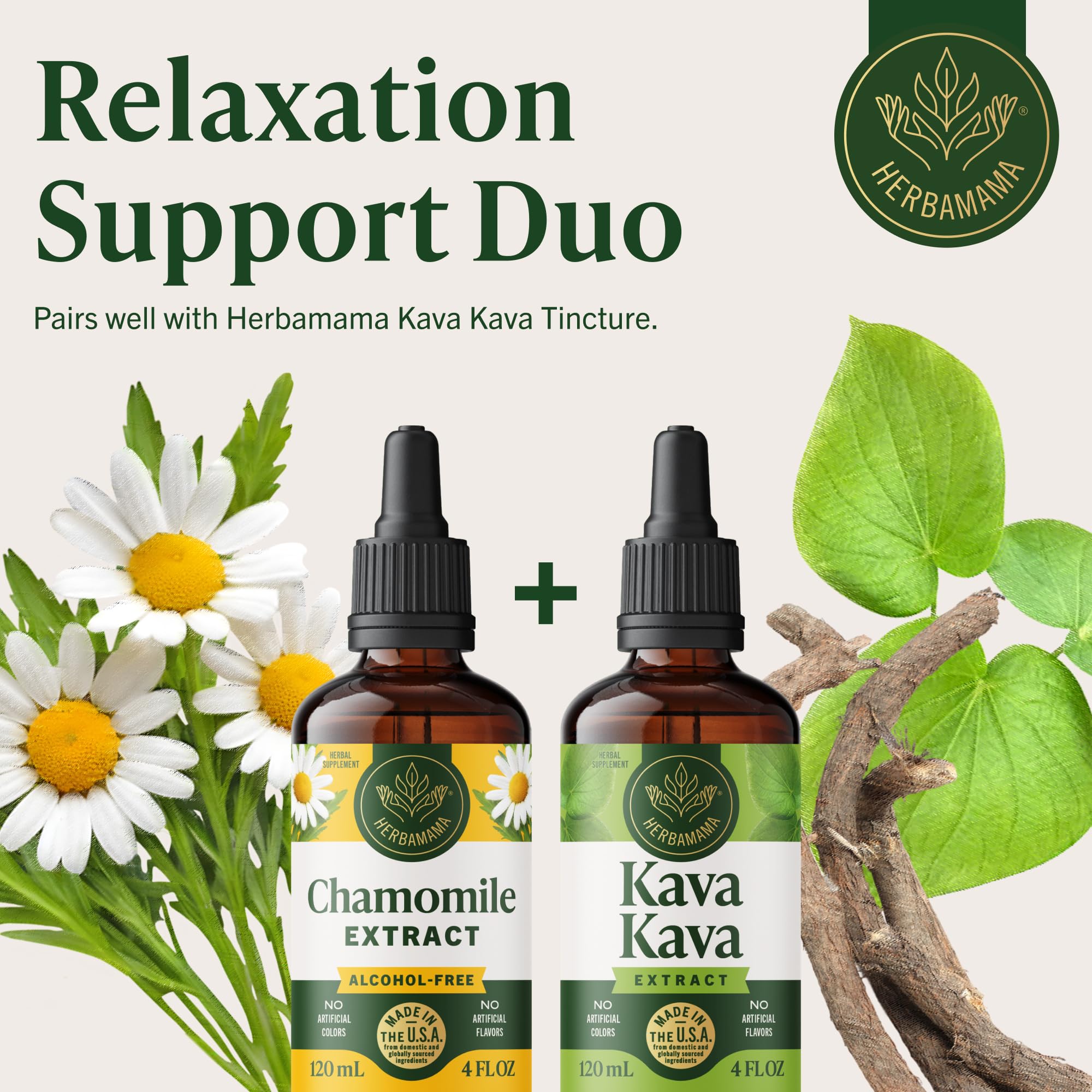 HERBAMAMA Chamomile tincture daily-use scene emphasizes alcohol- and sugar-free option.