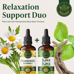 HERBAMAMA Chamomile tincture daily-use scene emphasizes alcohol- and sugar-free option.