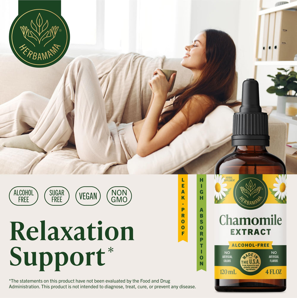 HERBAMAMA Chamomile tincture dropper-drops close-up for fast absorption and relaxation.