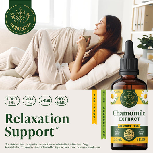 HERBAMAMA Chamomile tincture dropper-drops close-up for fast absorption and relaxation.