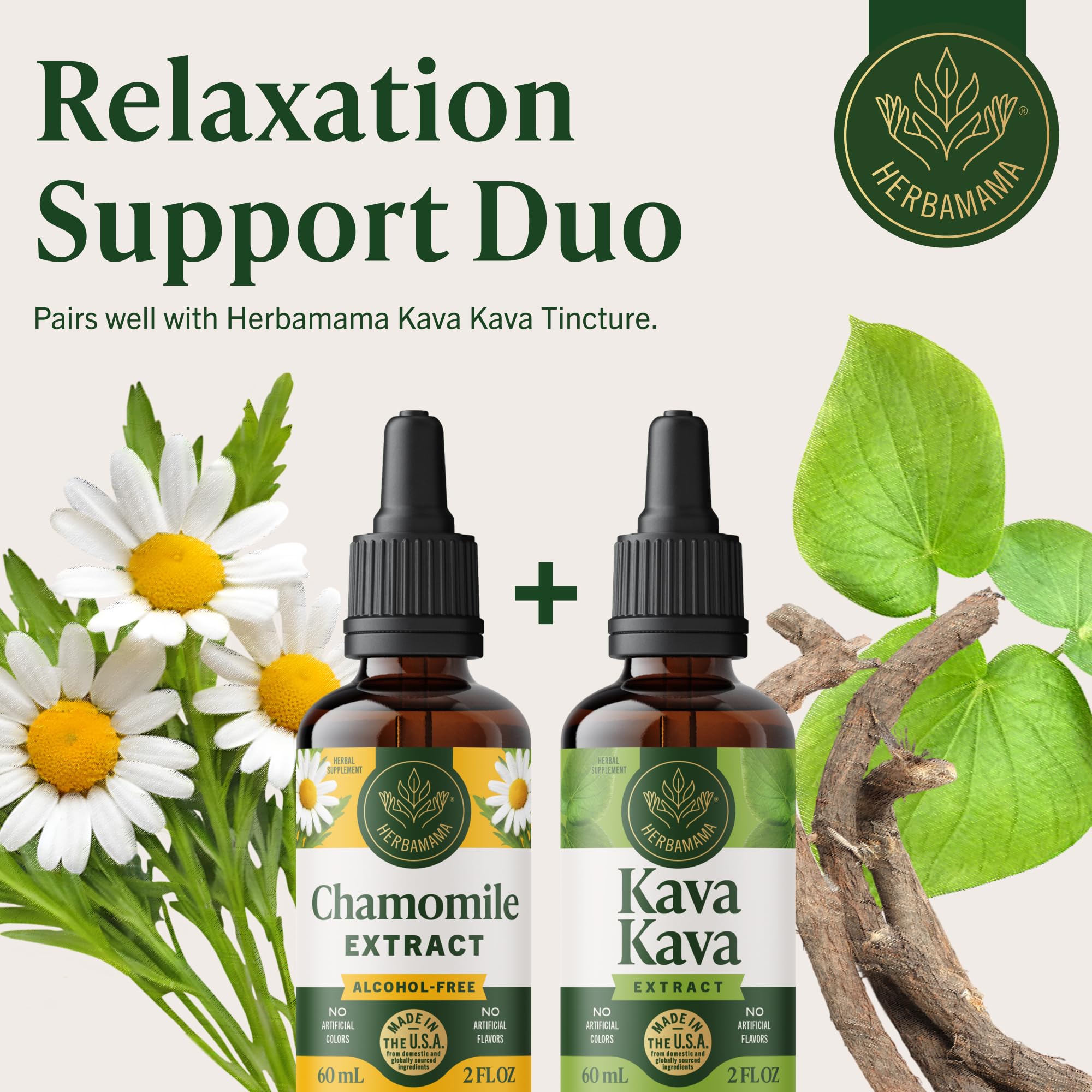 HERBAMAMA Chamomile tincture vegan ingredients image suggests alcohol-free option.