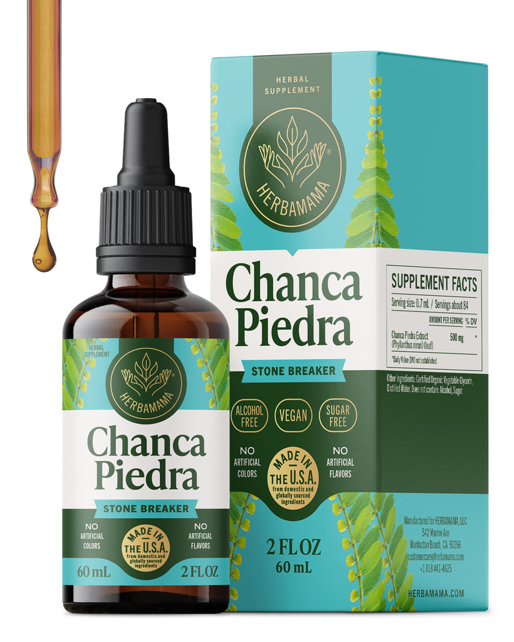 Herbamama Chanca Piedra bottle pour for gentle kidney stone care.
