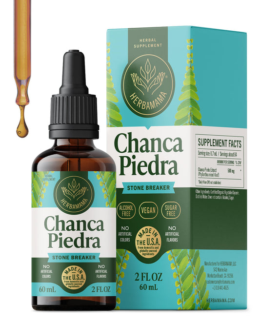 Herbamama Chanca Piedra bottle pour for gentle kidney stone care.