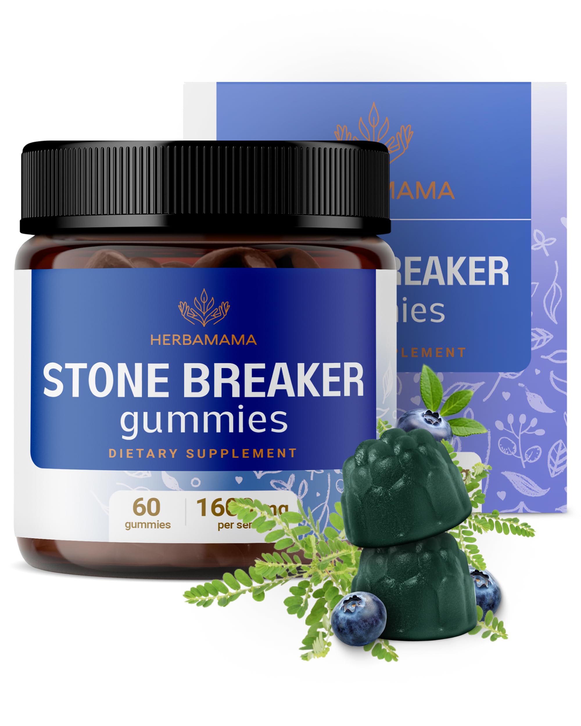 HERBAMAMA Chanca Piedra gummies bottle with blueberry flavor for daily kidney support.