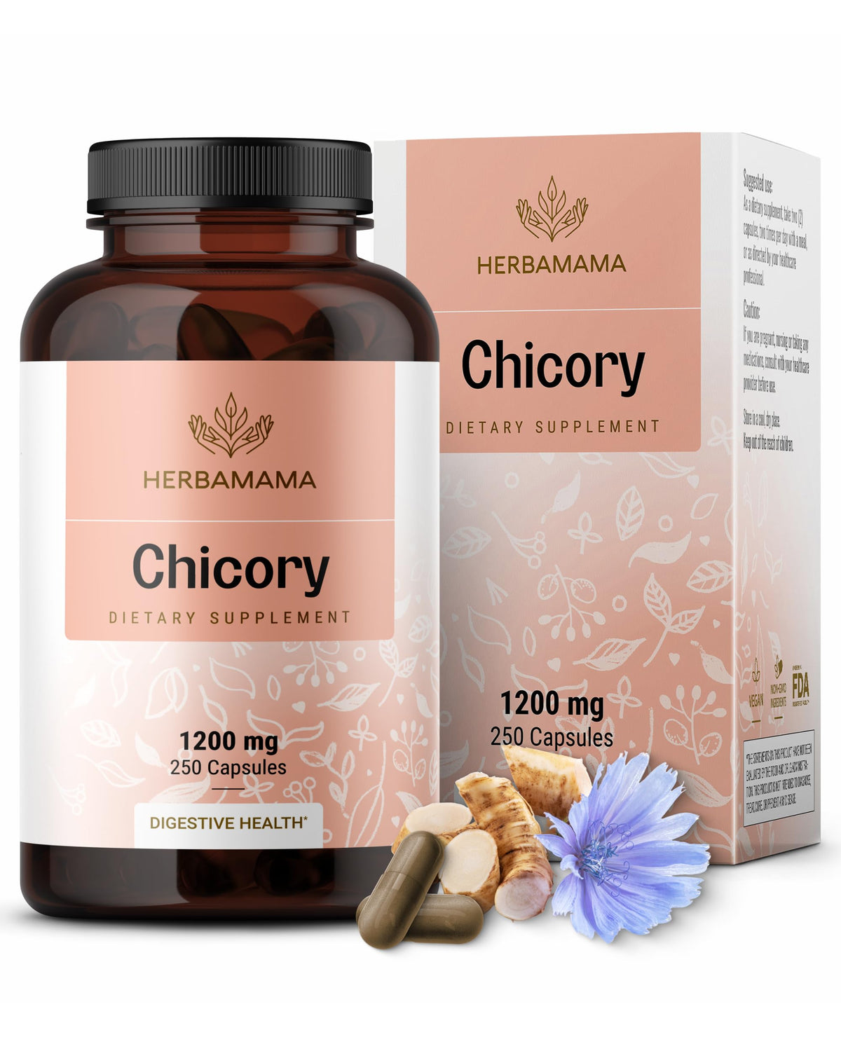 Herbamama Chicory Root Fiber capsules bottle for convenient digestive support.