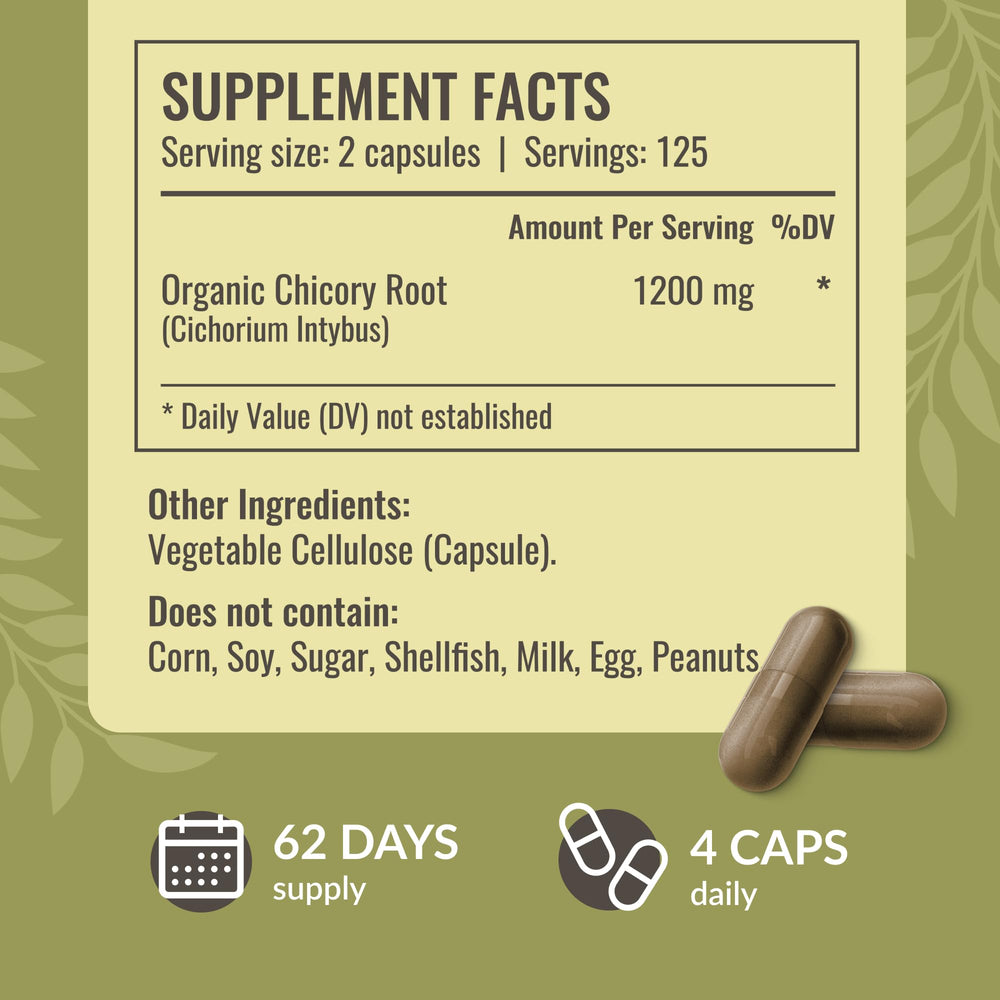 Close-up of Herbamama Chicory Root Fiber capsule label highlighting inulin source.