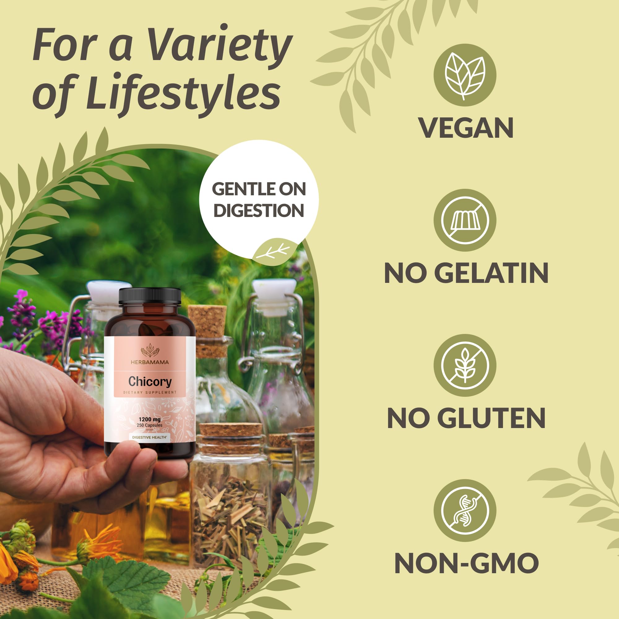 Herbamama Chicory Root Fiber capsules on a clean table for everyday routine.