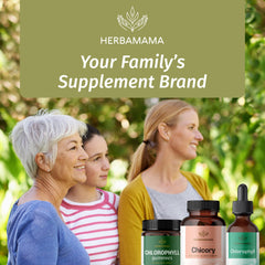 HERBAMAMA chicory root fiber capsules on travel bag for on-the-go routine
