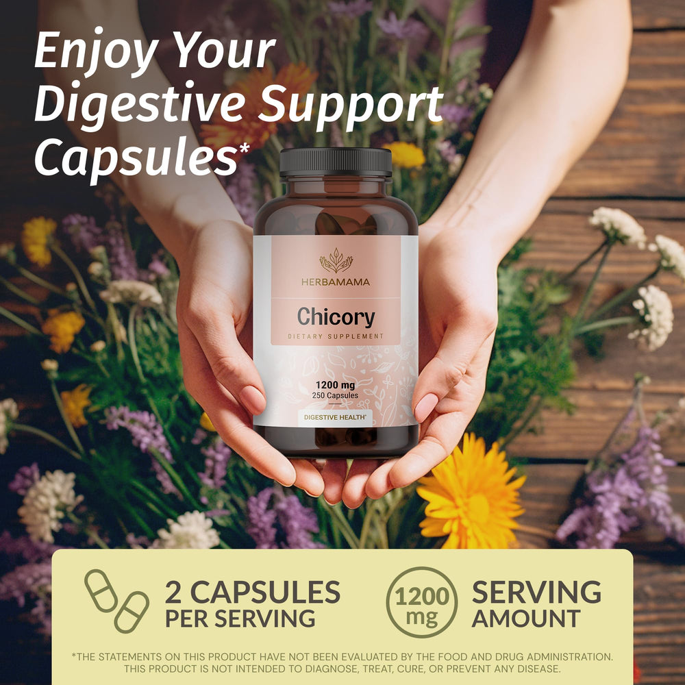 Herbamama Chicory Root Fiber capsules packaging front showing simple two-ingredient formula.