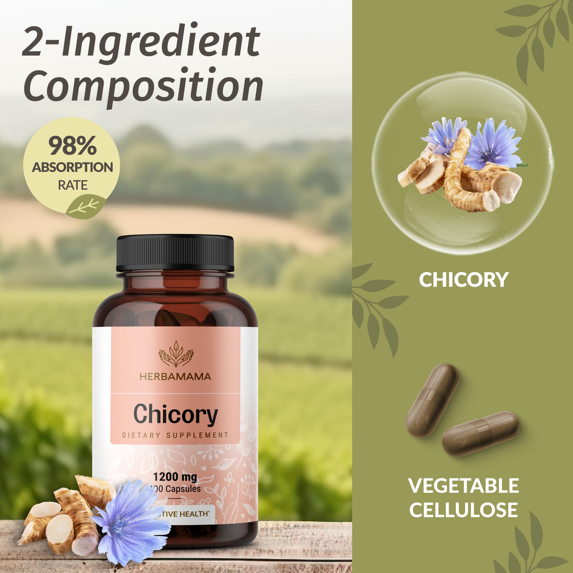 HERBAMAMA chicory root fiber capsules close-up showing tablet texture