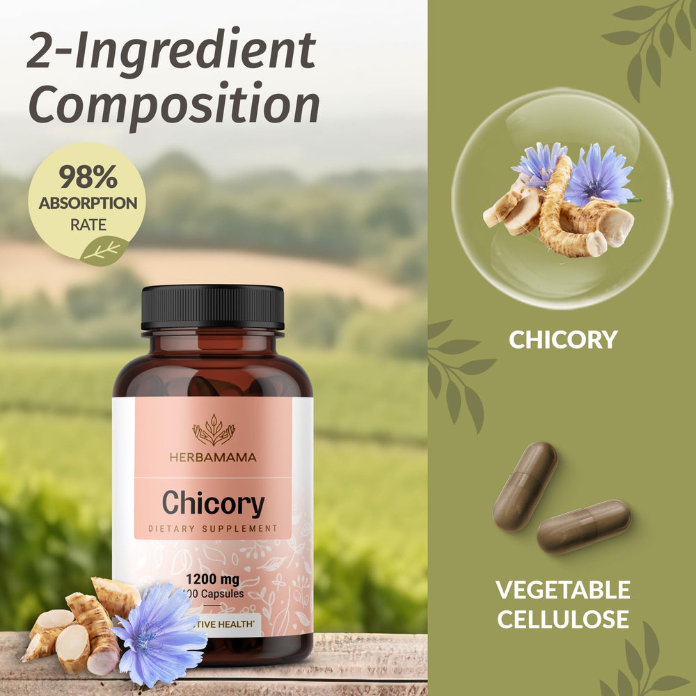 HERBAMAMA chicory root fiber capsules close-up showing tablet texture
