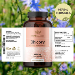 Herbamama Chicory Root Fiber capsules label emphasizing vegan and non-GMO features.