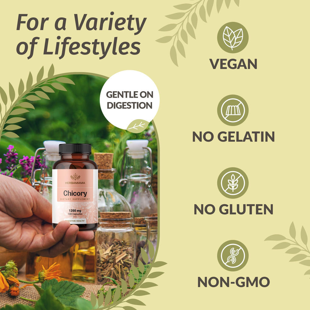 HERBAMAMA chicory root powder packaging close-up highlights vegan formula