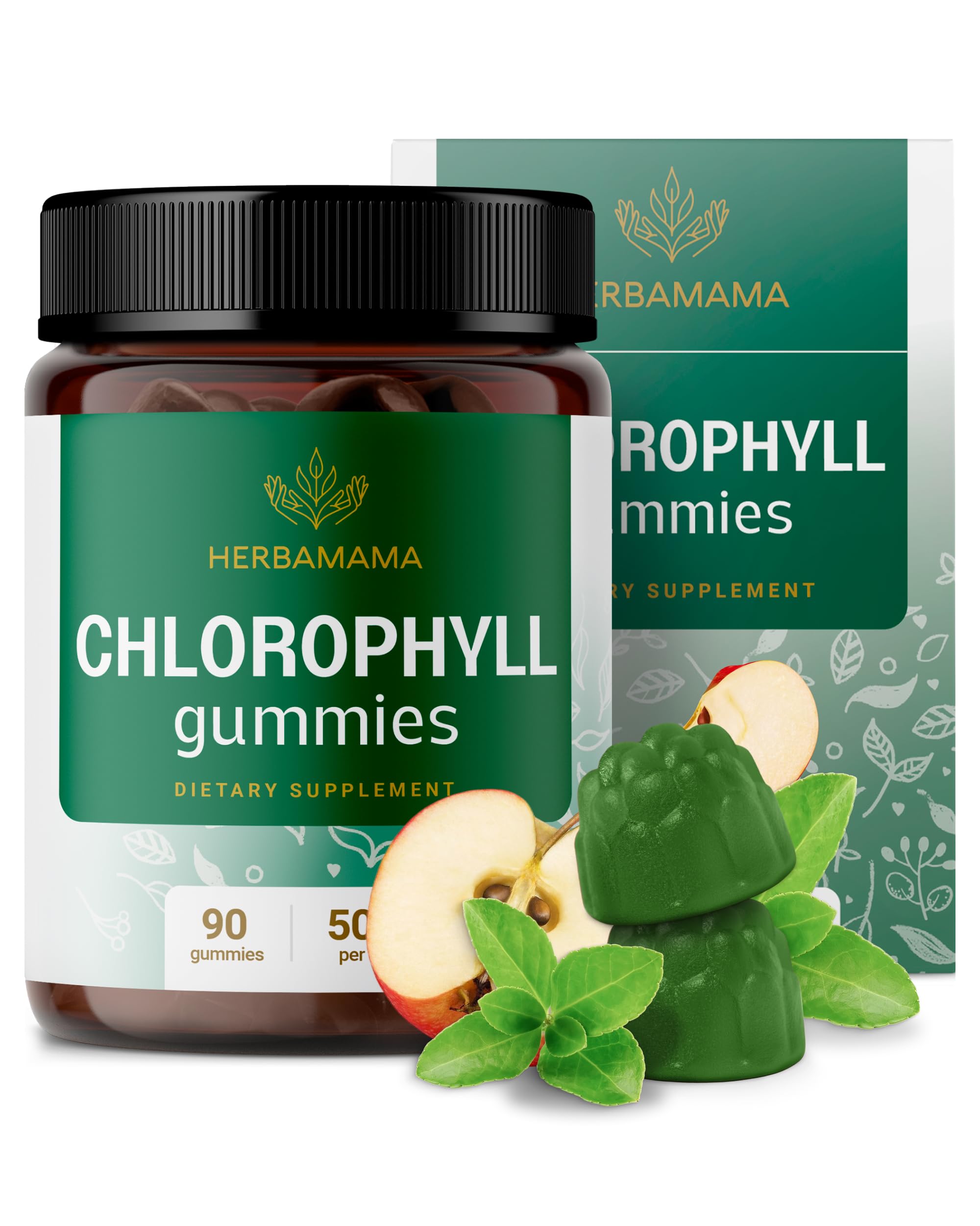 HERBAMAMA Chlorophyll Detox Gummies bottle front with apple-flavored chews for daily use