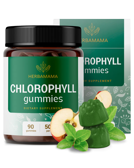 HERBAMAMA Chlorophyll Detox Gummies bottle front with apple-flavored chews for daily use