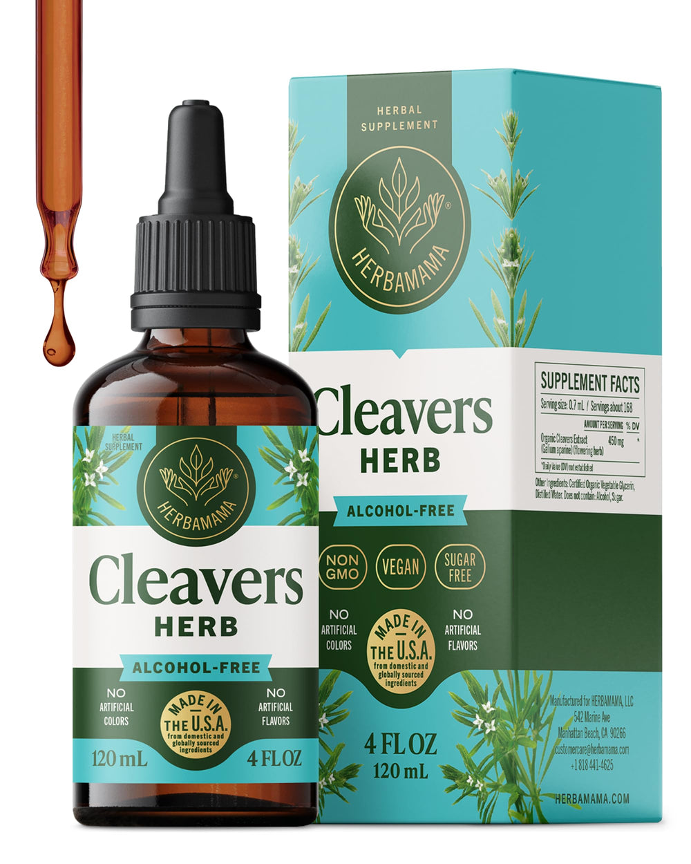 Herbamama Cleavers leaf tincture bottle highlighting gentle detox support.