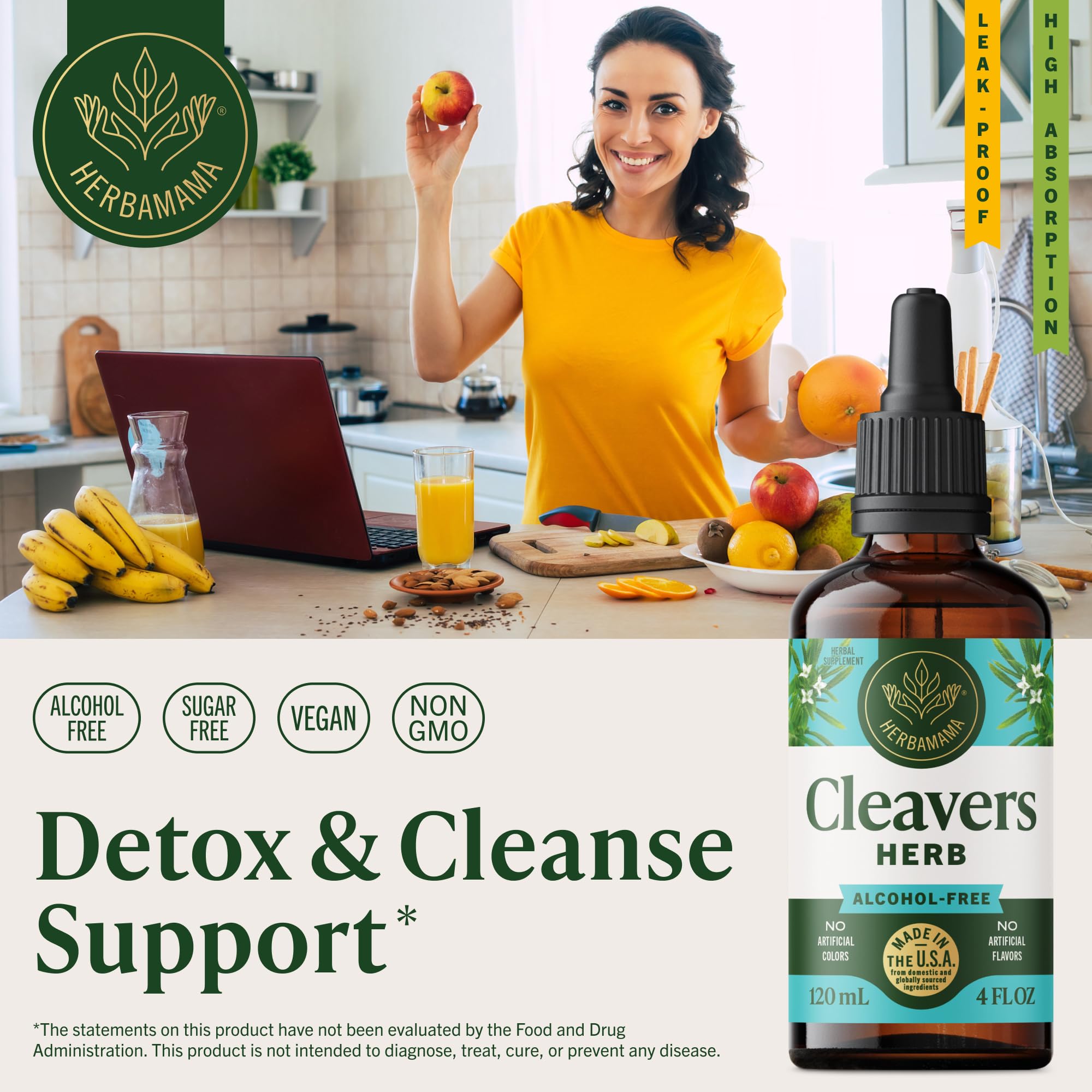 Herbamama Cleavers tincture dropper illustrating easy twice-daily use.