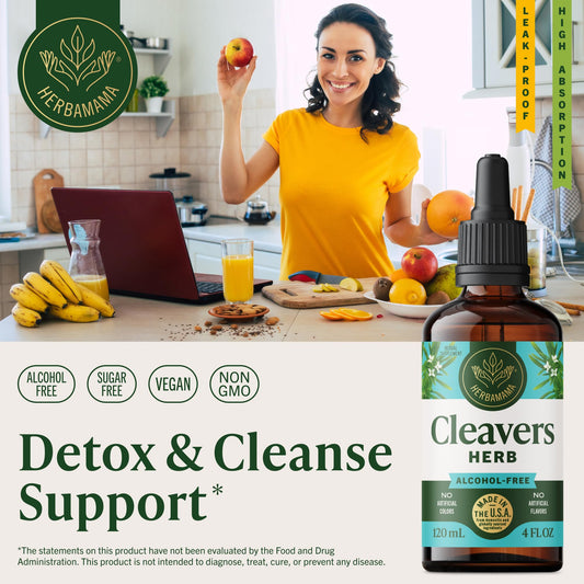 Herbamama Cleavers tincture dropper illustrating easy twice-daily use.