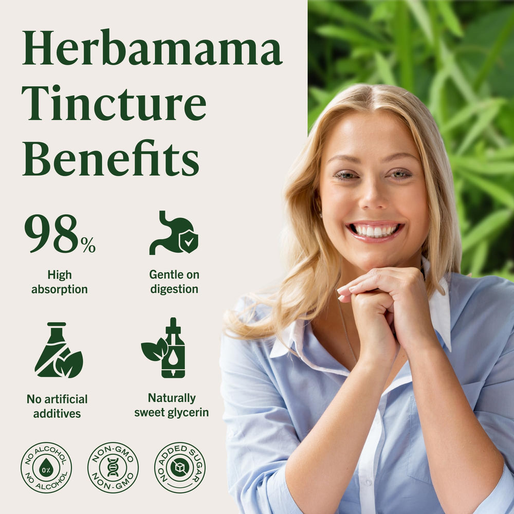 Herbamama Cleavers tincture in glass with droplets and fast absorption.