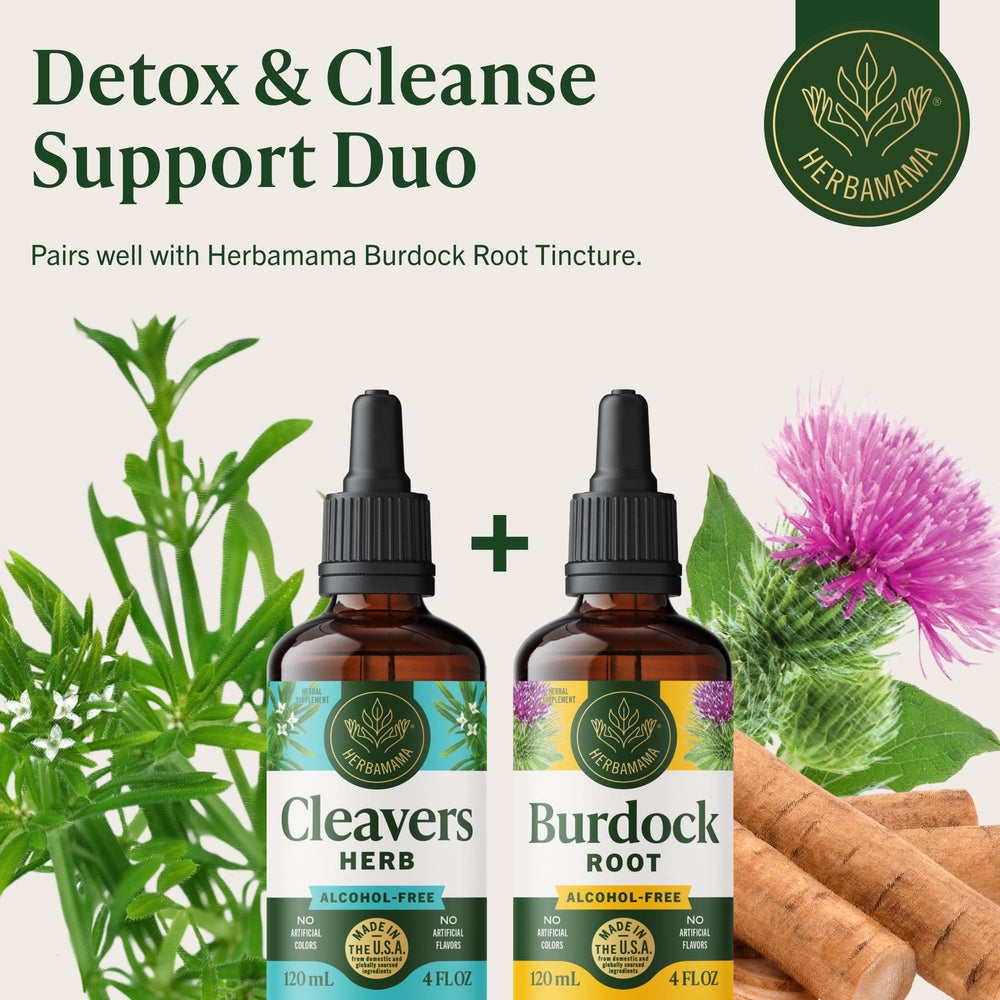 Herbamama Cleavers tincture vegan formula with glycerin and water.