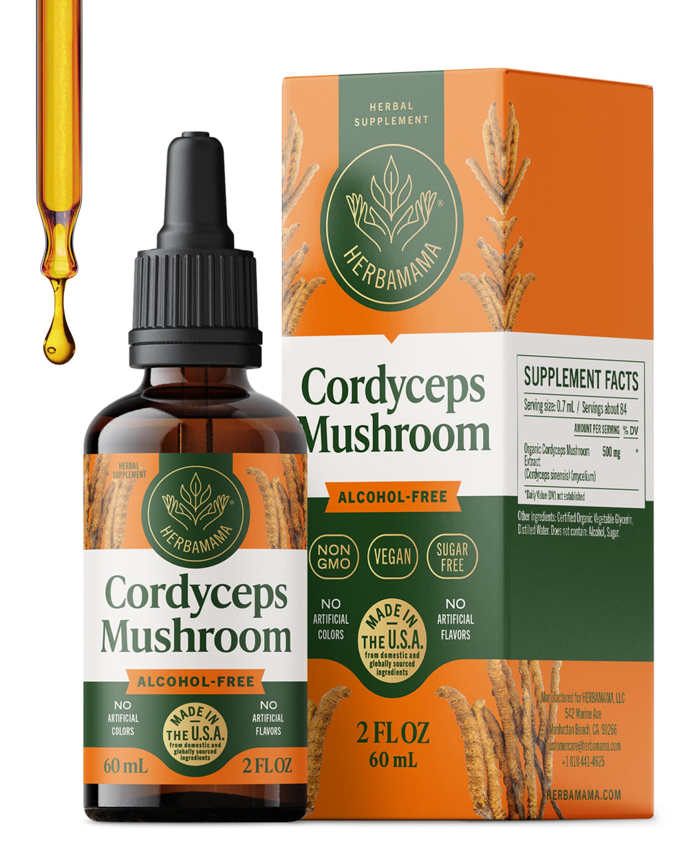 HERBAMAMA Cordyceps tincture bottle shows vegan immune support in a clean formula