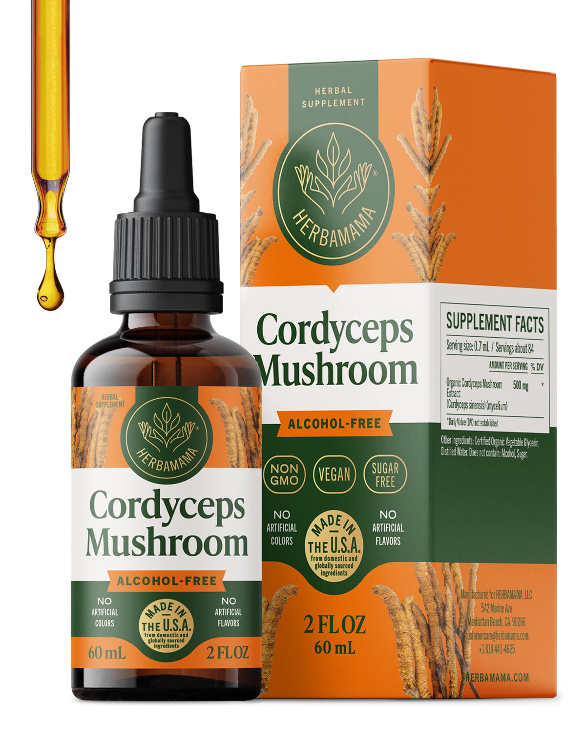 HERBAMAMA Cordyceps tincture bottle shows vegan immune support in a clean formula