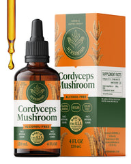 HERBAMAMA Cordyceps tincture bottle on countertop highlights vegan immune support.