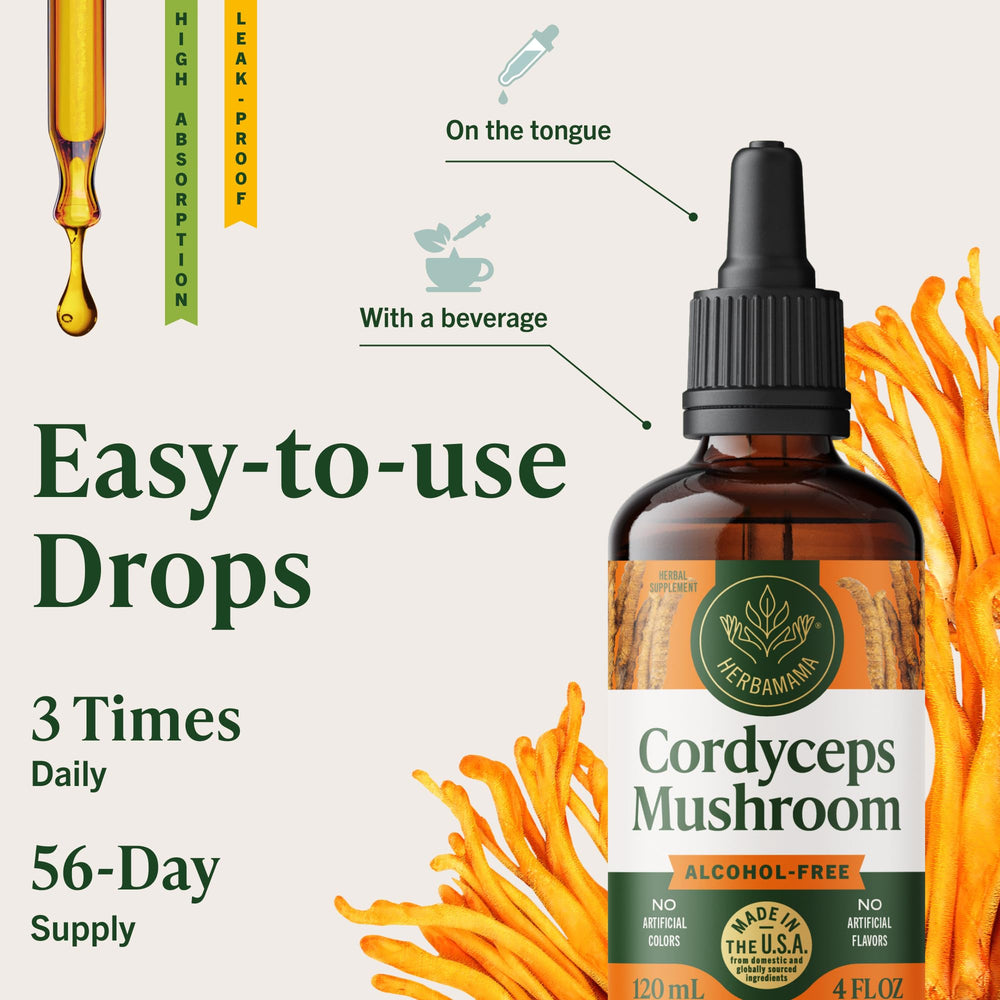 HERBAMAMA tincture bottle highlights three-ingredient vegan formula.