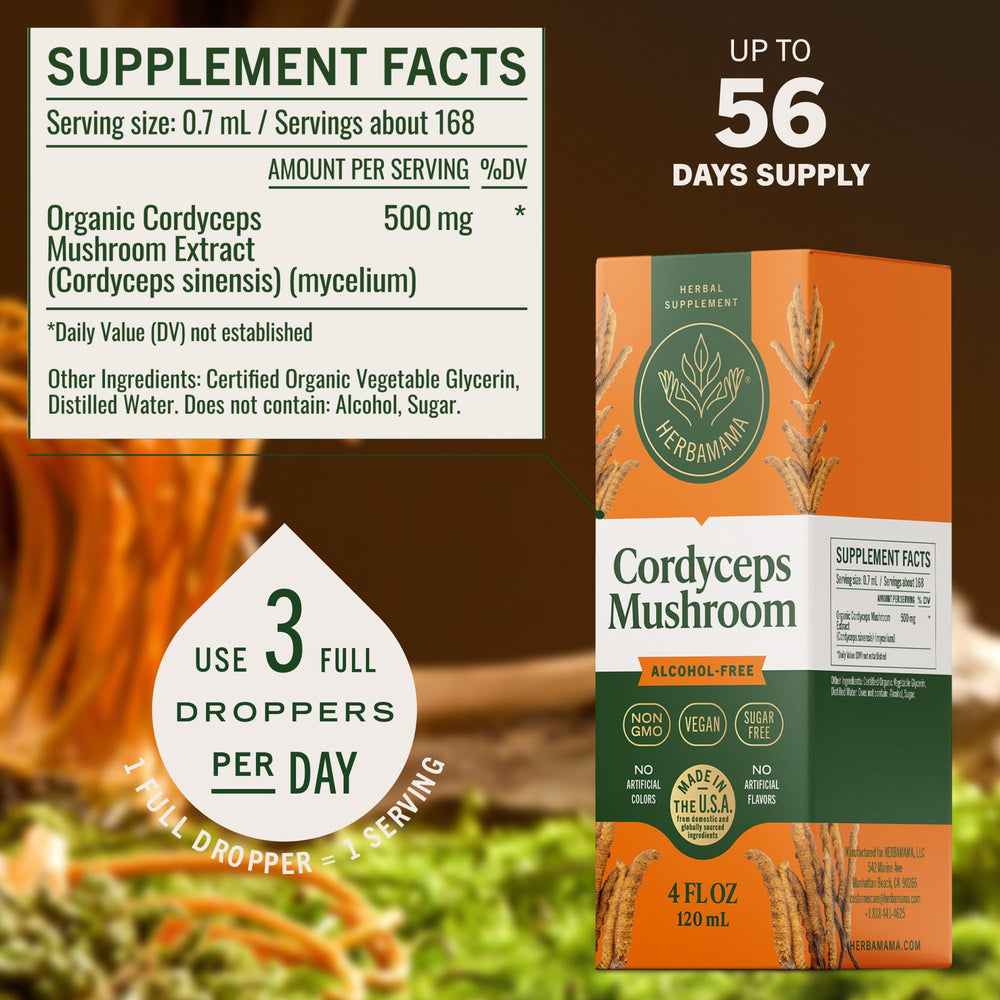 HERBAMAMA Cordyceps tincture being added to juice for daily immune support.