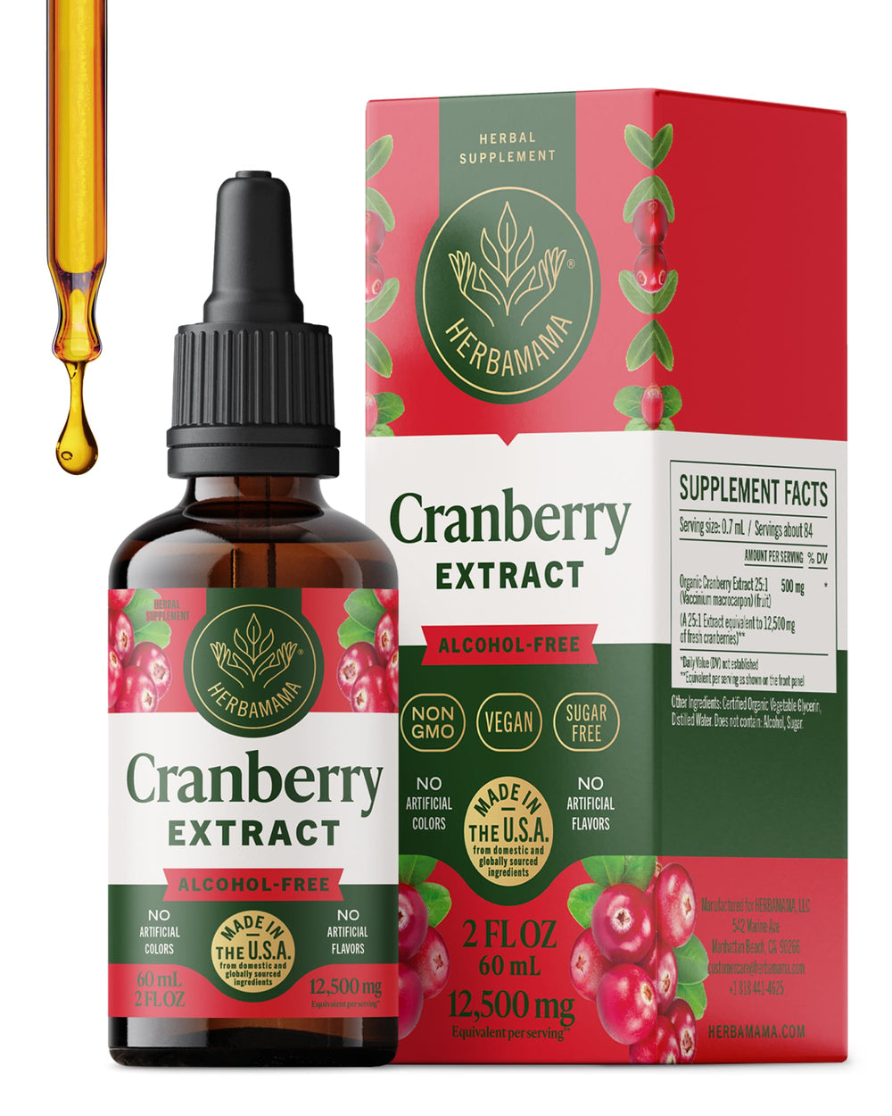 HERBAMAMA Cranberry Drops bottle showing vegan, non-GMO urinary support.