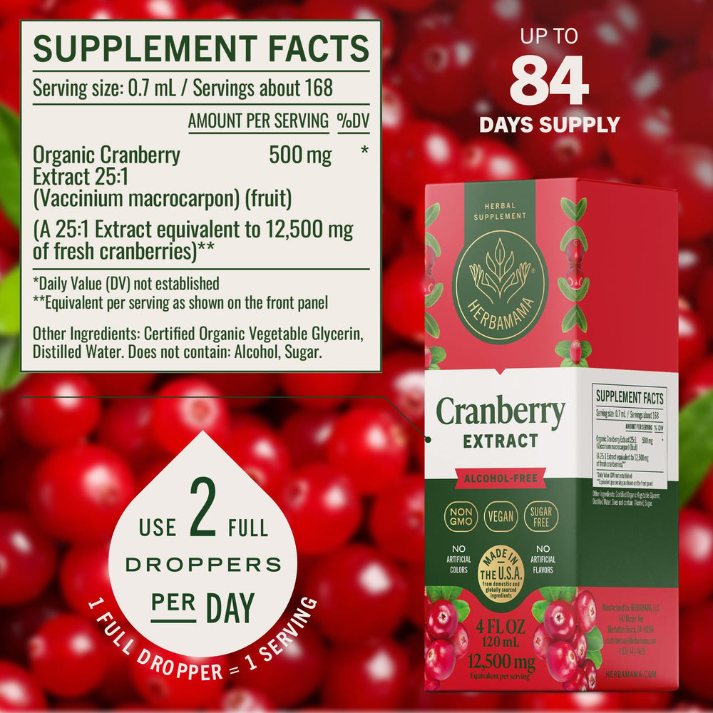 Herbamama Cranberry drops bottle shows simple three-ingredient formula.