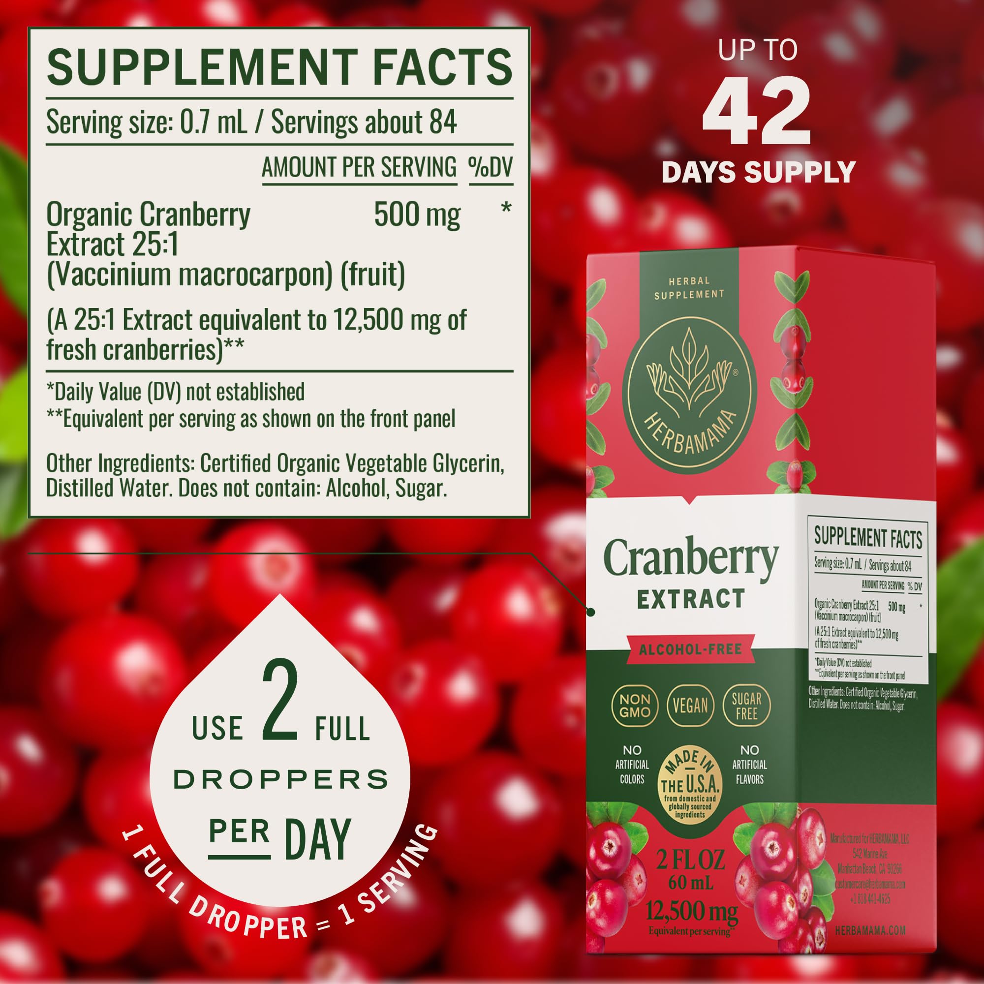 Dropper releasing HERBAMAMA Cranberry Drops for convenient dosing.