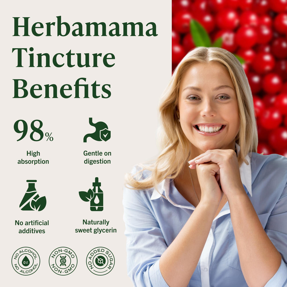 HERBAMAMA Cranberry Drops highlight kidney-friendly, fast-absorption formula.