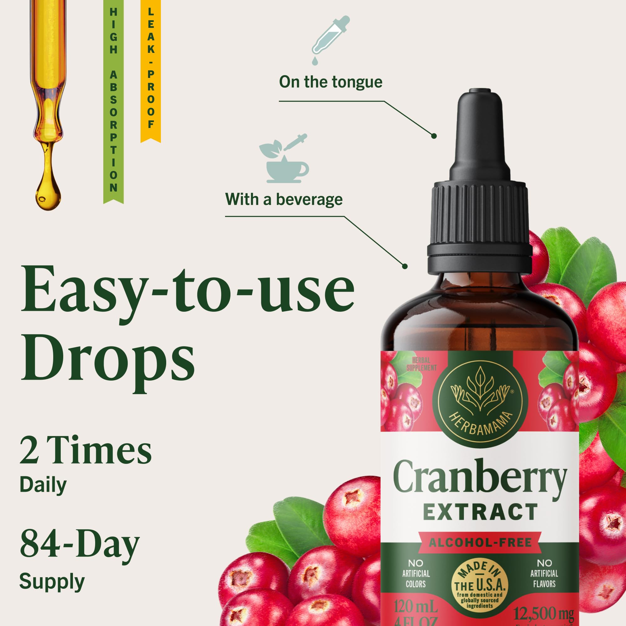 Herbamama Cranberry ingredients icon on packaging highlights three ingredients.