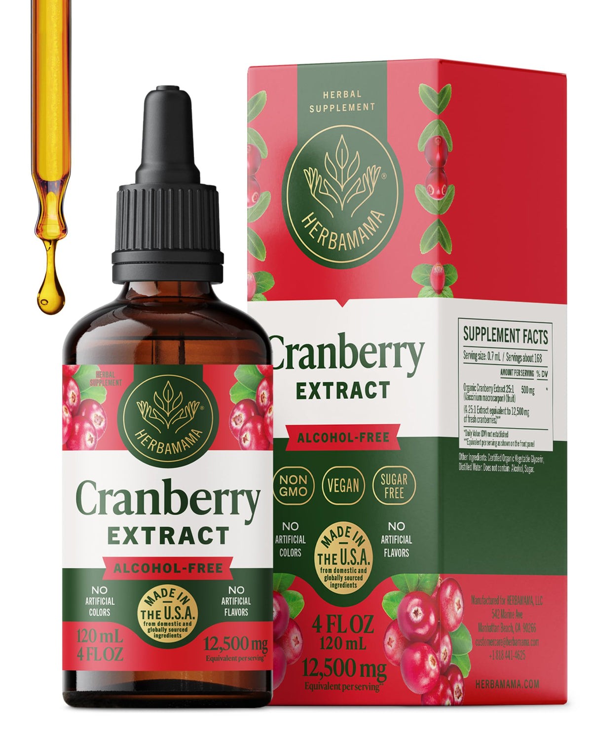 Herbamama Cranberry tincture bottle with dropper for urinary support.