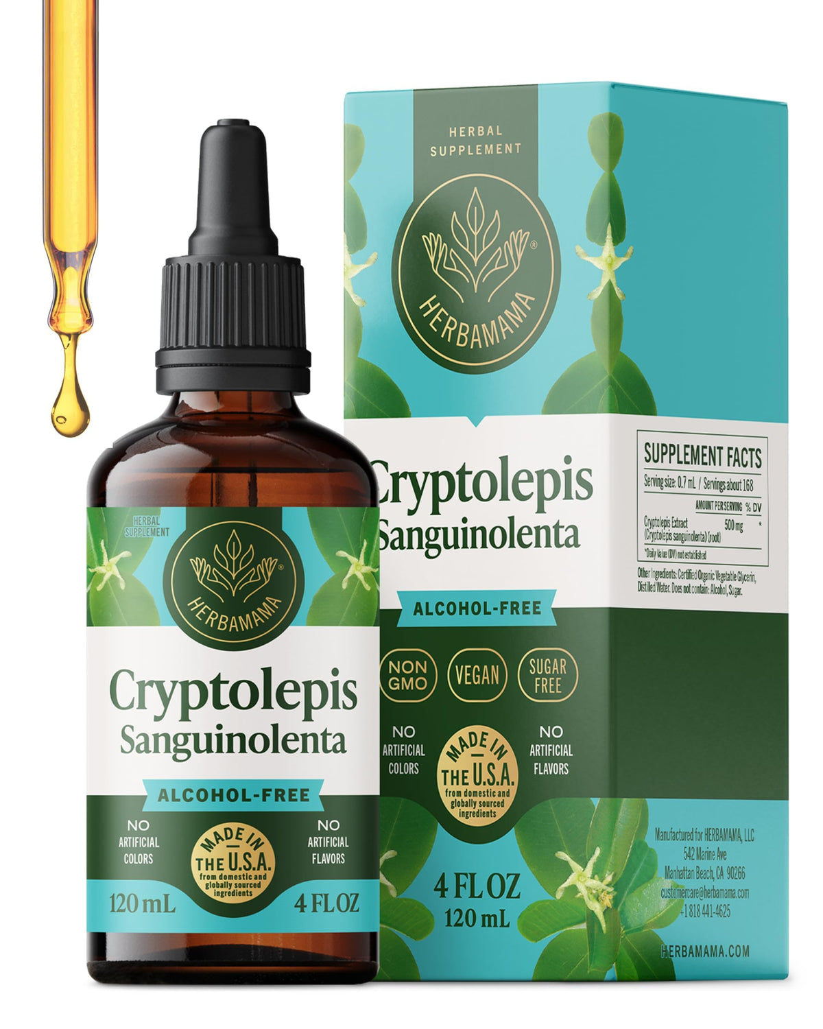 HERBAMAMA Cryptolepis tincture bottle emphasizes vegan, non-GMO immune support formula