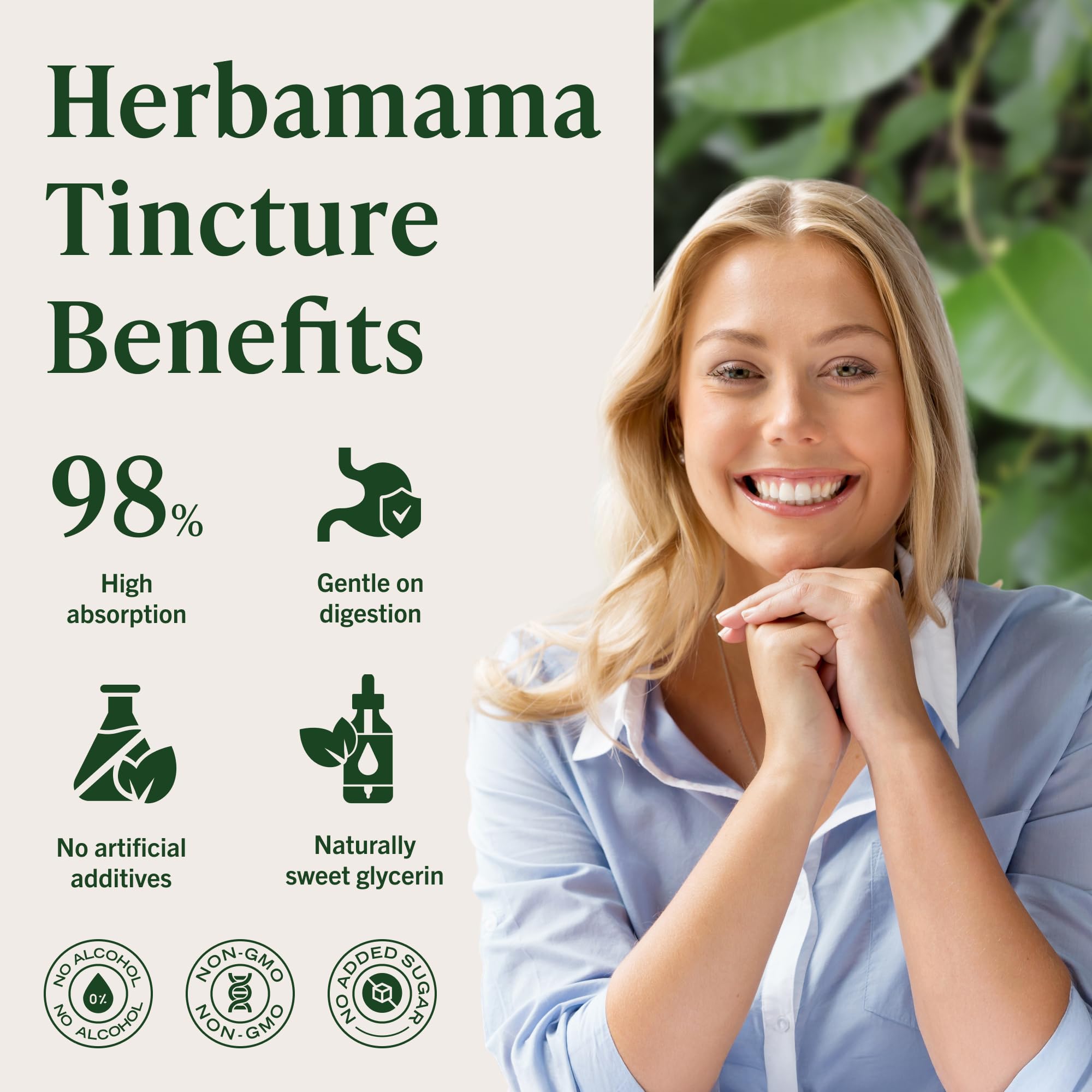 HERBAMAMA tincture label highlights three ingredient vegan formula