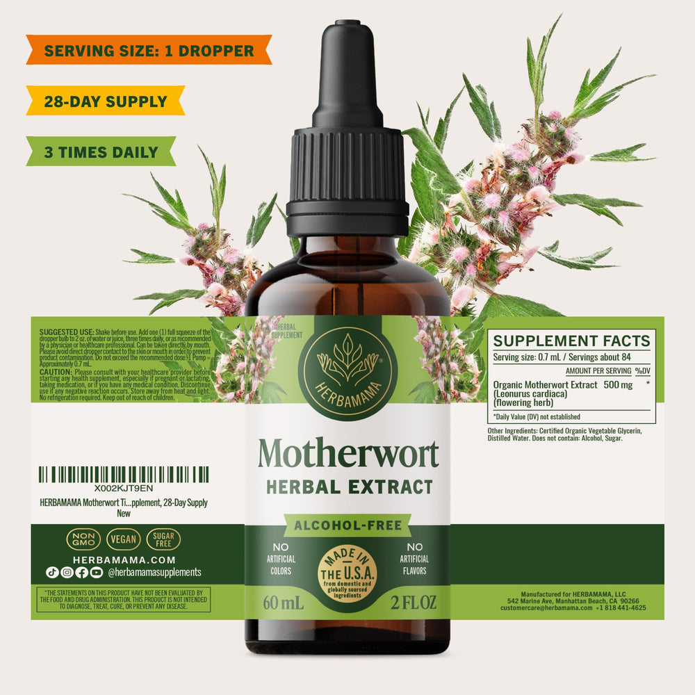 HERBAMAMA daily-use routine with tincture dropper beside a glass of water.