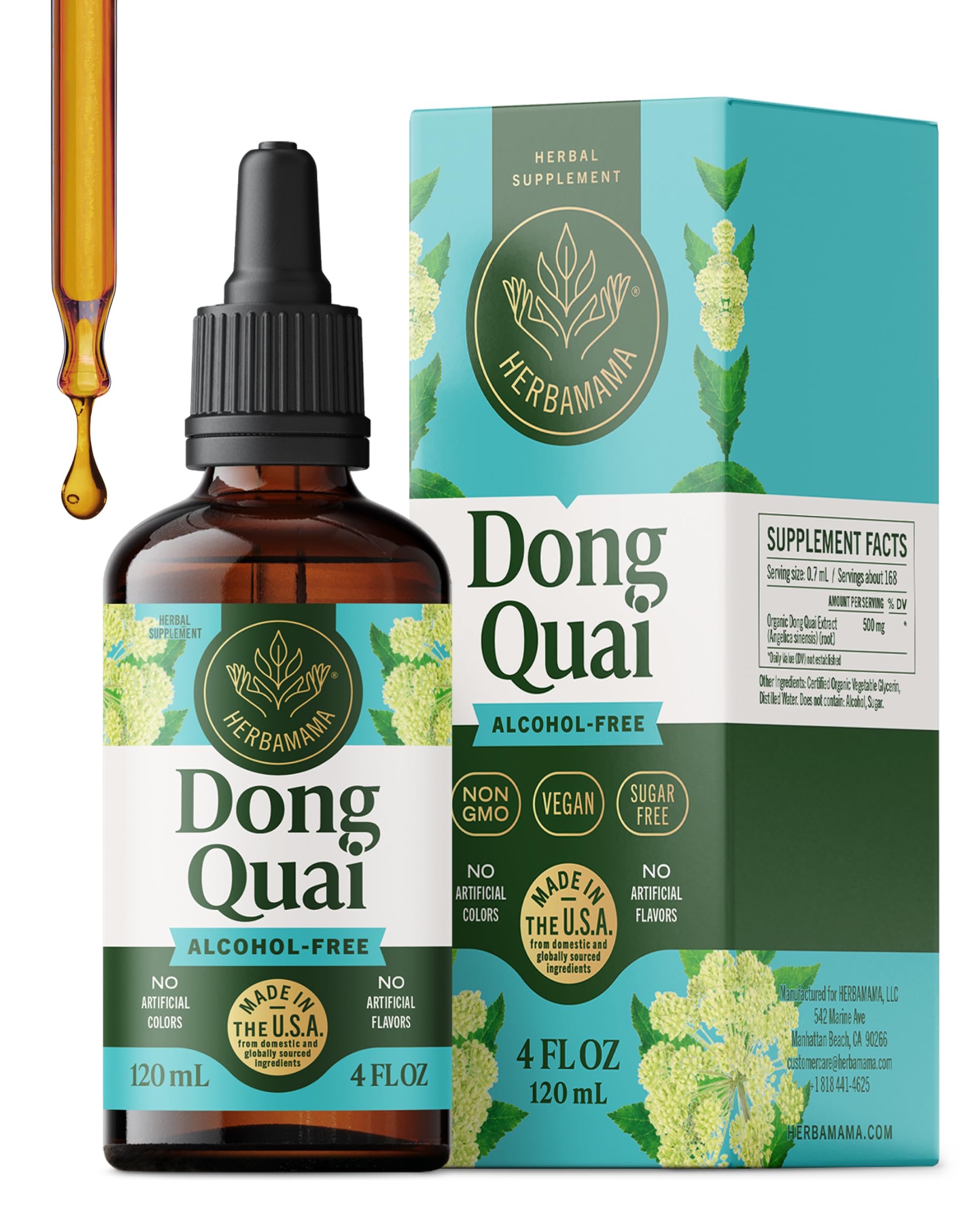 HERBAMAMA Dong Quai drops bottle emphasizes daily mood support.