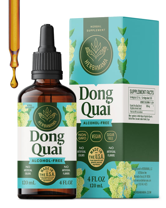 HERBAMAMA Dong Quai drops bottle emphasizes daily mood support.