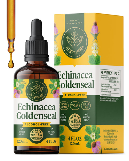HERBAMAMA echinacea-goldenseal tincture bottle shows vegan, alcohol-free immune support.