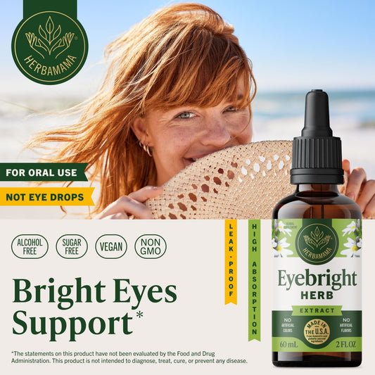 Close-up of HERBAMAMA Eyebright label highlighting non-GMO, alcohol-free formula.
