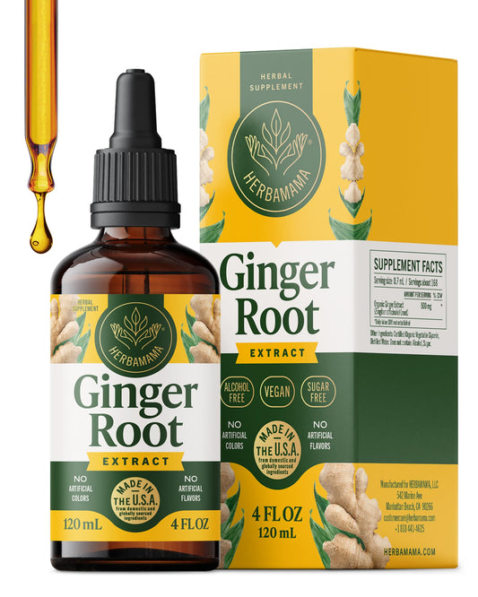 HERBAMAMA Ginger Drops bottle showing a vegan ginger tincture for daily digestion support.